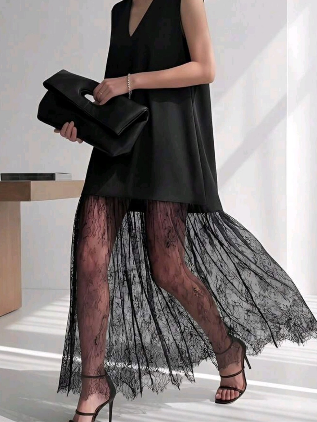 Black V-Neck Sleeveless Mesh Patchwork Padded Shoulder Dress, French El